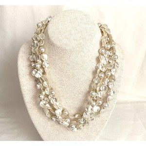 Four Stranded Matinee Necklace Mother Of Pearl Chip And Faux Pearl Beads